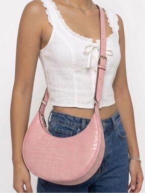 Patricia Nash Coley Crescent Hobo Crossbody bag pink embossed croc leather EUC